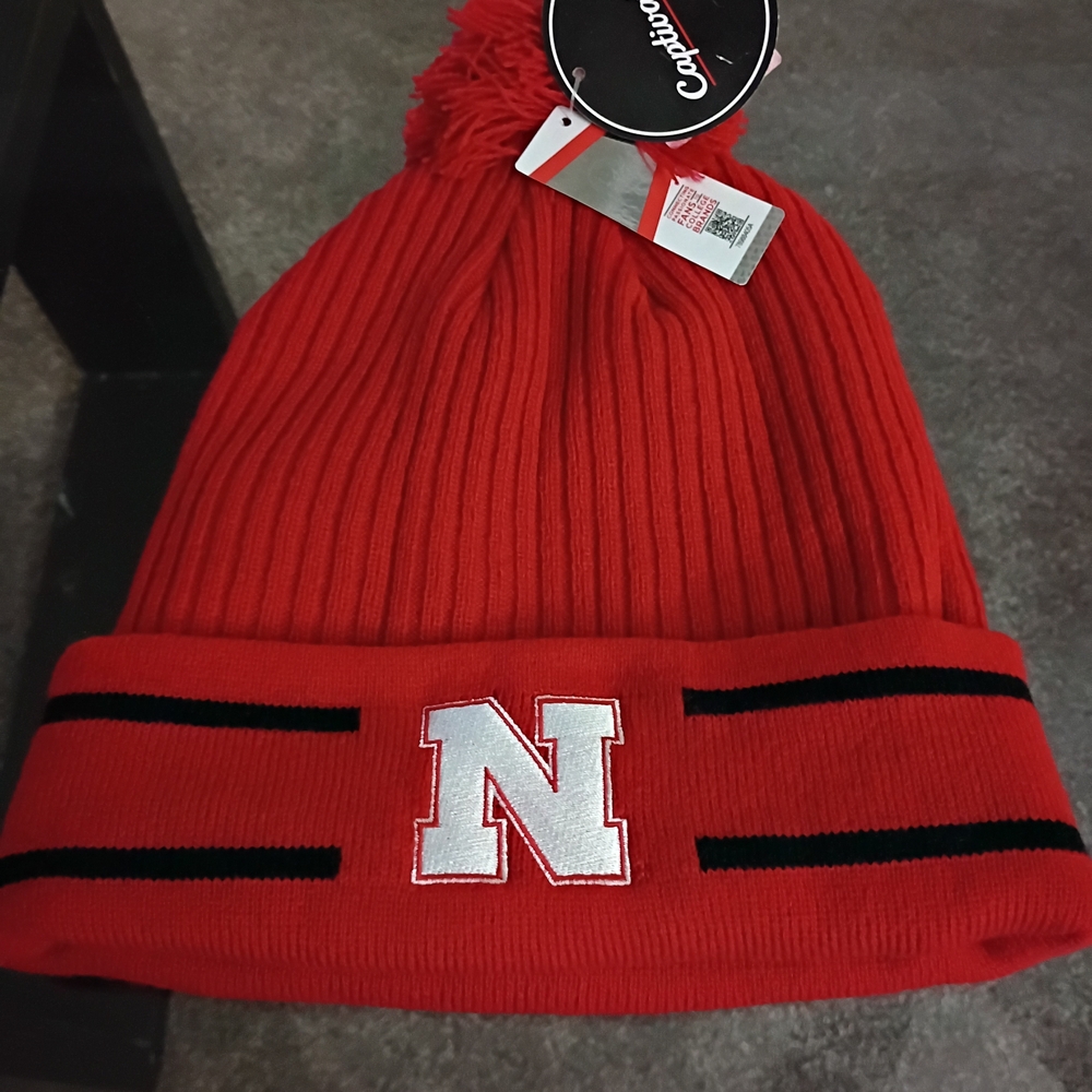 NCAA Red Ribbed Cuffed Beanie with Black Stripe and Silver N Patch